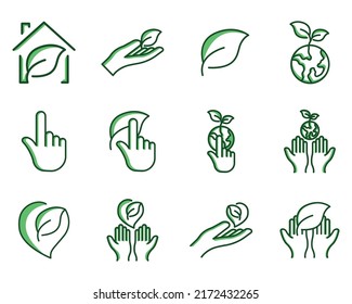 Ecology set icon. suitable for ecology icon. Contains such icons as house with leaf, hand with leaf, leaf, earth with leaf etc. Two tone icon style. Simple design editable