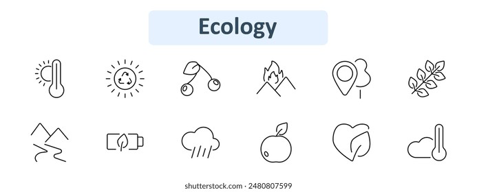 Ecology set icon. Temperature, sun, cherry, mountains, tree, leaf branch, river, battery, rain, fruit, heart leaf, cloud. Nature and environmental concept.