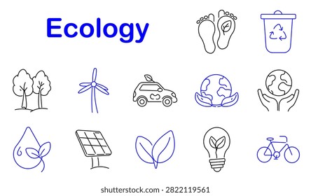 Ecology set icon. Wind turbine, electric automobile, recycling container, sustainable footprint, solar energy, green transportation, environmental protection, renewable technology
