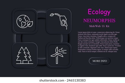 Icono de conjunto ecológico. Molino de viento, tierra, planta, naturaleza, neomorfismo, comida ecológica, cable de carga, panel solar, energía solar, etiqueta, producto natural, biocombustible, brote. Concepto de cuidado del medio ambiente.