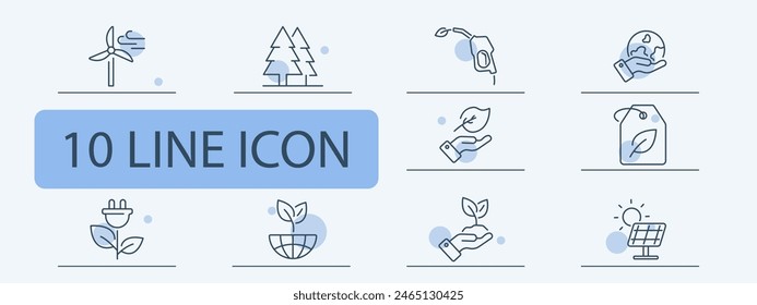 Ecology set icon. Windmill, earth, plant, nature, hand, ecological food, charging cable, solar panel, solar energy, tag, natural product, biofuel, sprout. Environment care concept.