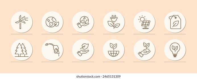 Ecology set icon. Windmill, earth, plant, nature, hand, ecological food, charging cable, solar panel, solar energy, tag, natural product, biofuel, sprout. Environment care concept.