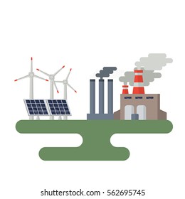 Ecology set. Illustration of a building power station and wind turbines and solar panels. Concept of alternative and renewable energy sources.