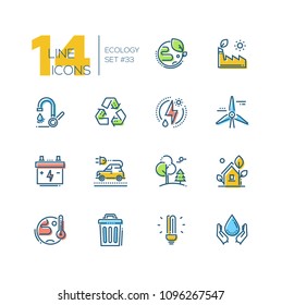 Ecology - set of line design style icons isolated on white background. High quality colorful pictograms. Recycle, saving natural resources, energy, water, light, electric car, windmill. Green planet