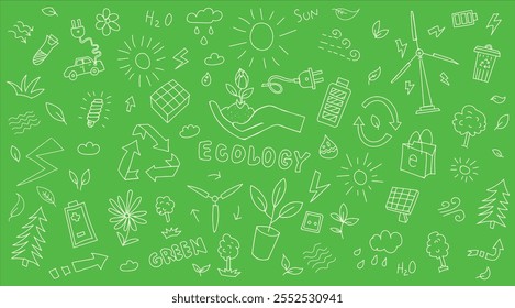 Ecology set of many objects white isolated line art simple ecology sketches doodles hand drawn on a green background, go green, ecology lifestyle