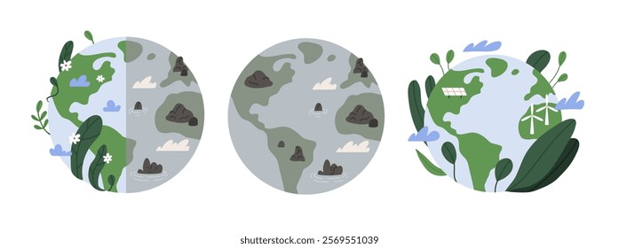 Ecology set with planet. Earth globe two halves clean and polluted. Flat vector illustration isolated on white background.