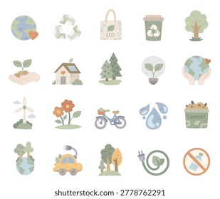 Ecology set in scandinavian style featuring earth recycle nature energy garden transport water forest compost plastic solar bicycle organic