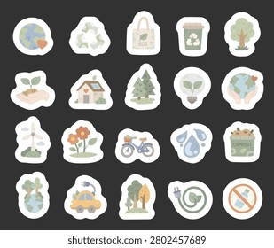 Ecology set in scandinavian style featuring earth recycle nature energy garden transport water forest compost plastic solar bicycle organic