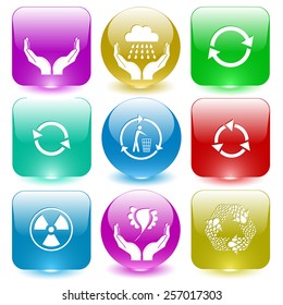 Ecology set. Vector set glass buttons.
