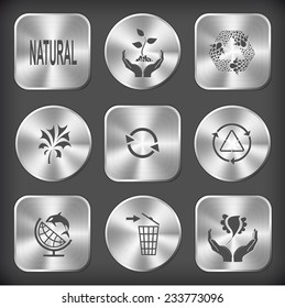 Ecology set. Vector round and square steel buttons.