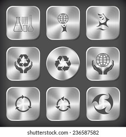 Ecology set. Vector round and square steel buttons.
