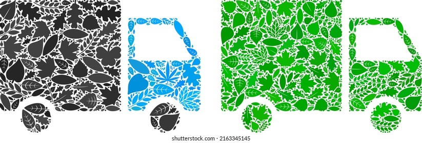 Ecología envío de la camioneta composición de las hojas de hierbas en tingles de color verde y natural. Plantilla de vector de entorno ecológico para el icono de la furgoneta de envío.