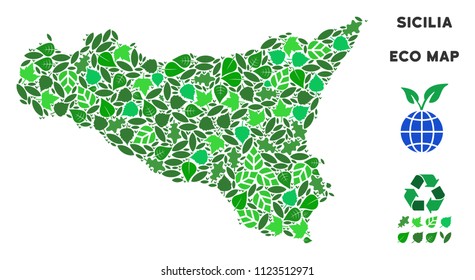 Ecology Sicilia map composition of floral leaves in green color variations. Ecological environment vector template. Sicilia map is formed of green herbal icons. Abstract territorial plan.