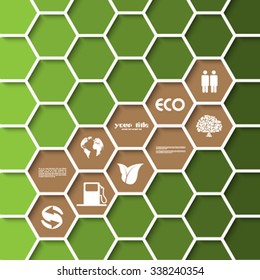 Ecology signs and symbols on a comb background. Individually editable hexagons.