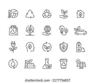 Ecología Juego de iconos de línea simple. Fuentes de energía alternativas, paneles solares, electricidad orgánica. Elementos de diseño para aplicaciones y sitios web. Colección vectorial plana de dibujos animados aislada en fondo blanco