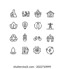 Ecology Simple Thin Line Icon Set Vector Illustration. Eco Lab, Hand Holding Leaf, Eco Packing, Eco House, Lightbulb, Recycle Bottle, Zero Waste, Water Drop, Gear And Leaf, Alternative Energy.