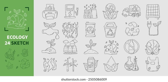 Ecology sketch energy solar power sustainable, hand drawn eco renewable recycle climate earth day, pollution environment collection vector set