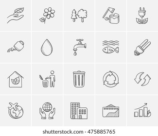 Ecology sketch icon set for web, mobile and infographics. Hand drawn ecology icon set. Ecology vector icon set. Ecology icon set isolated on white background.