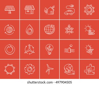 Ecology sketch icon set for web, mobile and infographics. Hand drawn ecology icon set. Ecology vector icon set. Ecology icon set isolated on red background.