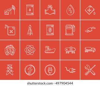 Ecology sketch icon set for web, mobile and infographics. Hand drawn ecology icon set. Ecology vector icon set. Ecology icon set isolated on red background.