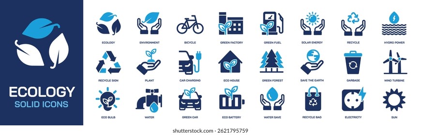 Ecology solid icons collection. Containing environment, recycle, renewable energy. Perfect pixel on transparent background. Vector illustration.