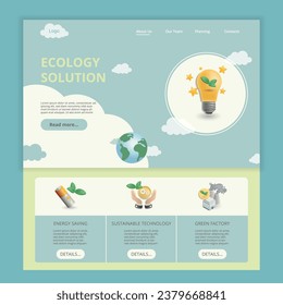 Ecology solution flat landing page website template. Energy saving, sustainable technology, green factory. Web banner with header, content and footer. Vector illustration.