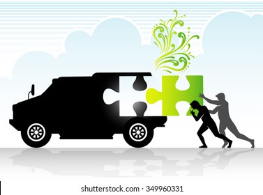 Ecology Solutions of Vehicle-Two men placing the jigsaw puzzle solution for fuel guzzler SUV