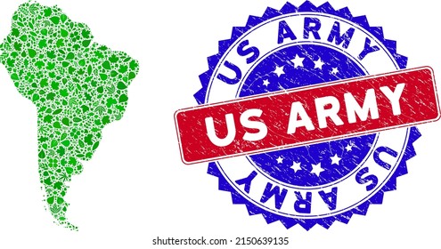 Ecology South America map collage of herbal leaves in green color shades with grunge bicolor Us Army stamp. Red and blue bicolored stamp with corroded texture and Us Army phrase.