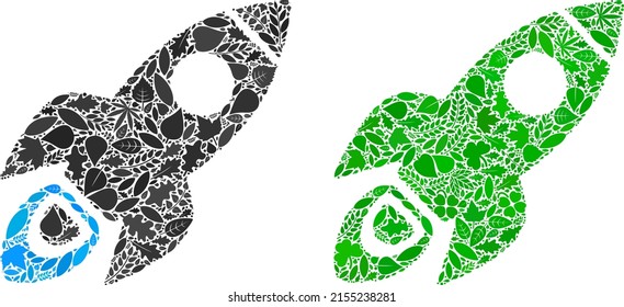 Ecology space rocket icon composition of floral leaves in green and natural color tones. Ecological environment vector template for space rocket icon.