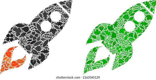 Ecology space rocket launch icon collage of herbal leaves in green and natural color hues. Ecological environment vector concept for space rocket launch icon.