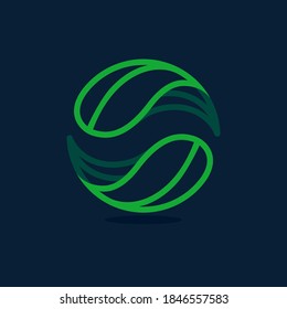 Ecology sphere line logo made of twisted green leaves. Vector icon for agriculture labels, botanical headlines, herbal posters, foliage identity etc.