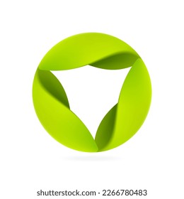 Ecology sphere logo made of twisted green leaves. Soft round icon. Three parts emblem. Vector elements for nature app, vegan branding, organic identity, creative t-shirts, eco advertising.