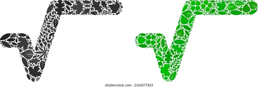 Ecology sqrt icon collage of herbal leaves in green and natural color shades. Ecological environment vector template for sqrt icon. Sqrt vector image is formed of green herbal elements.