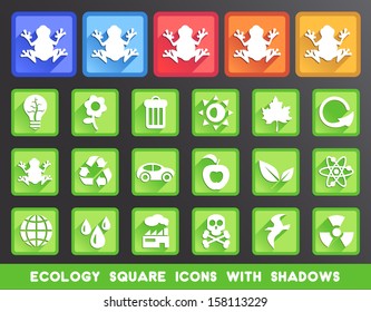 Ecology Square Icons with Shadows.