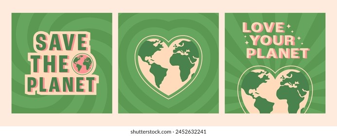 Ecology square poster templates in flat style. Save the planet and love your planet phrases. Vector illustration