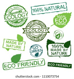 Ecology stamps set in differeint shapes. Vector illustration in bright green colors isolated on a white background.
