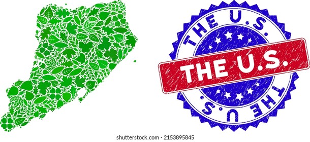 Ecology Staten Island map collage of floral leaves in green color tinges and grunge bicolor The U.S. seal. Red and blue bicolored seal with corroded texture and The U.S. tag.