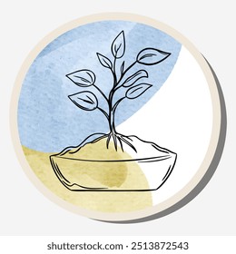 Ecology sticker with doodle plant and watercolor background. Care for nature