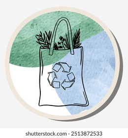 Ecology sticker with recycled bag and watercolor background. Care for nature