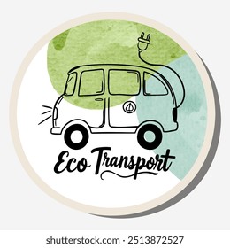 Ecology sticker with text and watercolor background. Eco transport. Care for nature