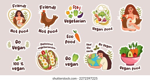 Ecology stickers. Green lifestyle. Eco and nature saving. Slogan and environment elements. Doodle style. Vegan eating. Stop pollution. Waste recycle. Vector Planet.