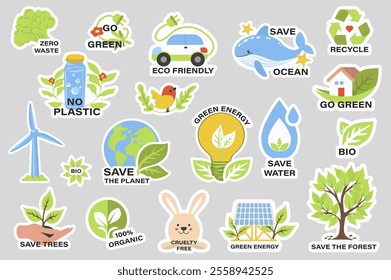 Ecology stickers with slogans set elements in flat graphic design. Collection of zero waste, go green, eco friendly, save ocean, recycle, no plastic, bio, organic, cruelty free. Vector illustration.