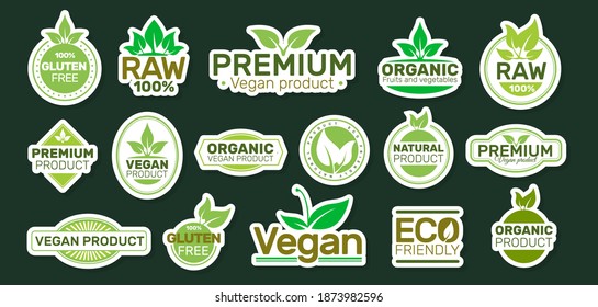 Ecology stickers with slogans. Vegan patch. Bio, organic, fresh, healthy. Vector illustration design.