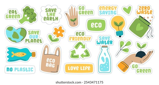 Ecology stickers, zero waste symbols, no plastic emblems, save earth and water badges set. Love life, eco bag, go green sticky elements vector illustration. Eco-friendly, environment safety concept