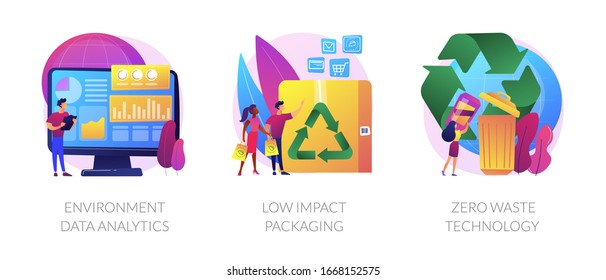 Ecology study and monitoring, sustainable packing, garbage recycling. Environment data analytics, low impact packaging, zero waste technology metaphors. Vector isolated concept metaphor illustrations