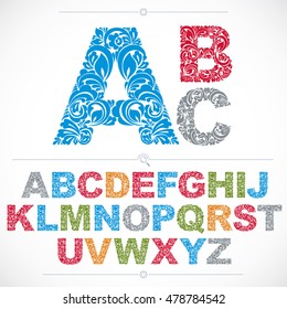 Ecology style flowery font, colorful vector typeset made using natural ornament. Alphabet capital letters created with spring leaves and floral design.