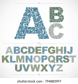 Ecology style flowery font, colorful vector typeset made using natural ornament. Alphabet capital letters created with spring leaves and floral design.