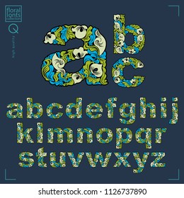 Ecology style flowery font, vector typeset made using natural ornament. Alphabet capital letters created with spring leaves and floral design.