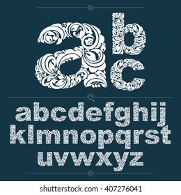 Ecology style flowery font, vector typeset made using natural ornament. Monochrome alphabet lowercase letters created with spring leaves and floral design.