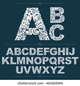 Ecology style flowery font, vector typeset made using natural ornament. Monochrome alphabet capital letters created with spring leaves and floral design. 